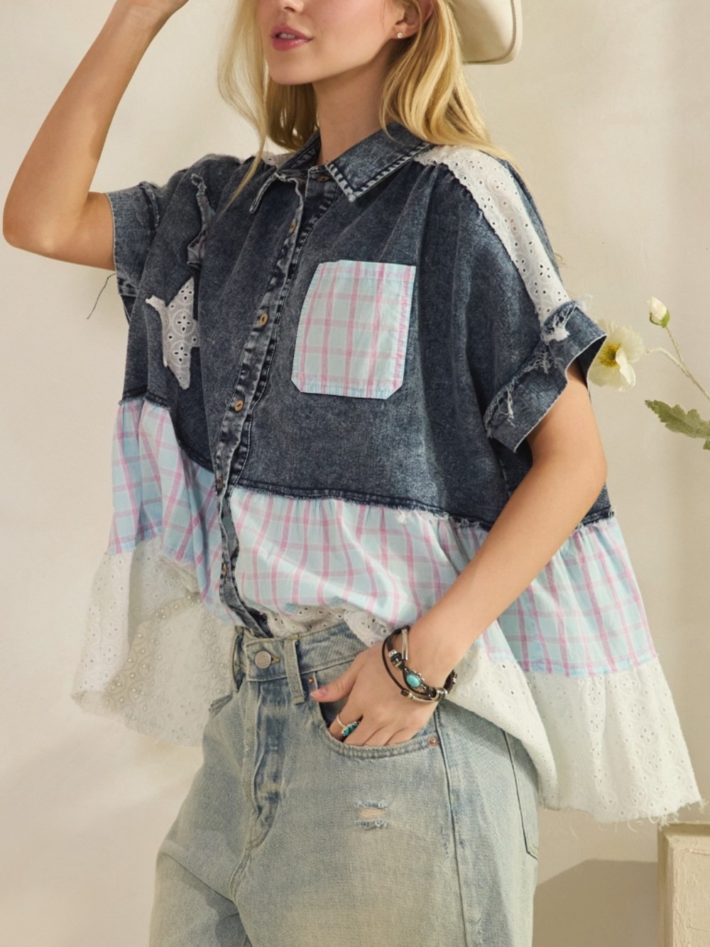 Sage & Fig Dark Wash Denim Plaid Print Star patch Button Down Top - Picture 1 of 8
